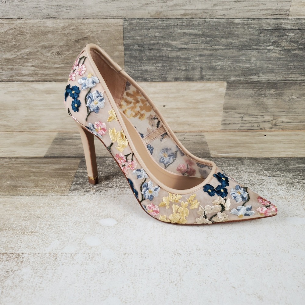 Ted Baker Cara Icon Womens Pumps Sz 7 Nude Beige Floral Embroidered Pointed Toe